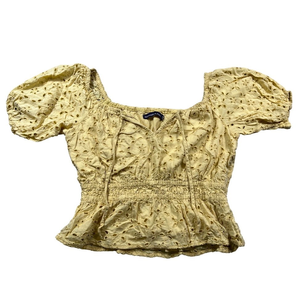 Abercrombie & Fitch Eyelet Top Womens XL Yellow Puff Sleeve Smocked Cottagecore